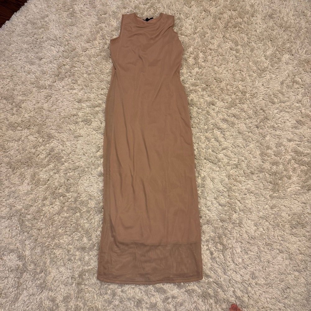 See You Monday Tan Sheath Maxi Dress Cowl Neck Sleeveless